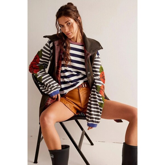 Free People We The Free Rose Stem Tee Tunic Top Embroidered Striped S NEW 283225 - Picture 3 of 8